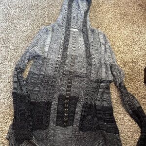 Maurices Gray to Black Ombre Open-Knit Hooded Cardigan